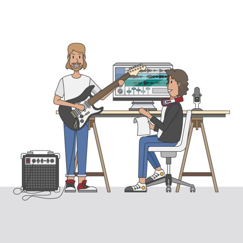 An audio engineer or a music producer collaborating with a musician in his studio workspace